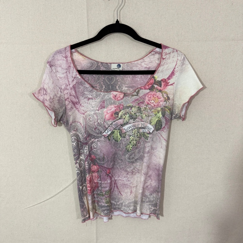 One World Women PM Pink Floral Paisley Rhinestone Lettuce Edge Top Graphic Tee